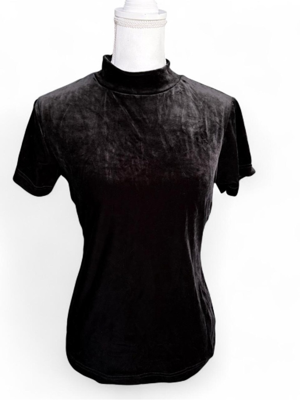 Black Velvet Mock Neck Top Soft Stretch Goth Y2K Minimalist Medium Alternative